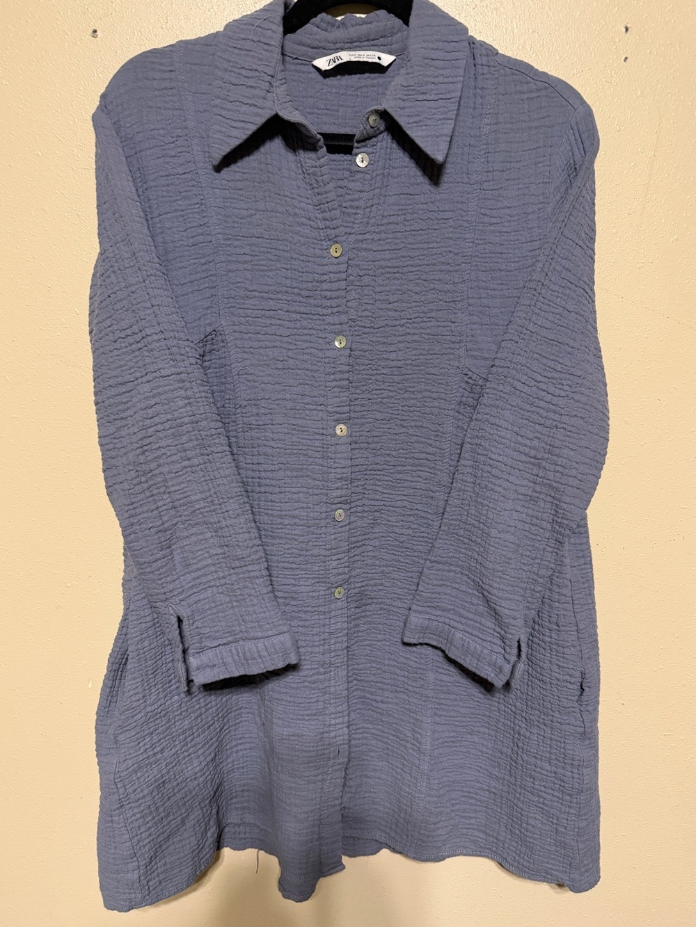 Zara Blue Textured Cotton Gauze Button Front Tunic Shirt Dress M - Picture 4 of 5